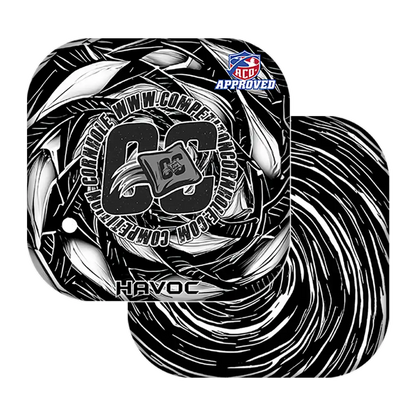 Black and white swirl design with 'DC' logo and 'Havoc' text on a white background
