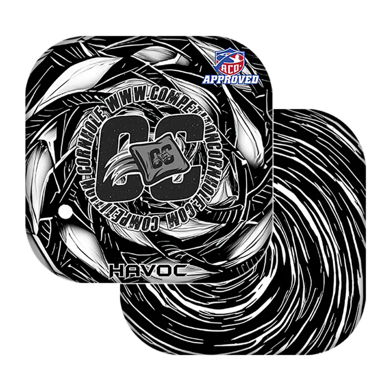 Black and white swirl design with 'DC' logo and 'Havoc' text on a white background