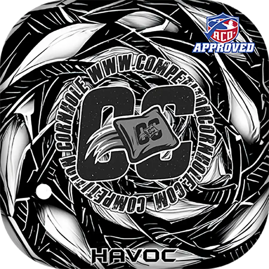 Black and white Cornhole bag with 'CC' logo and 'Havoc' text, featuring a 'GCO Approved' badge.