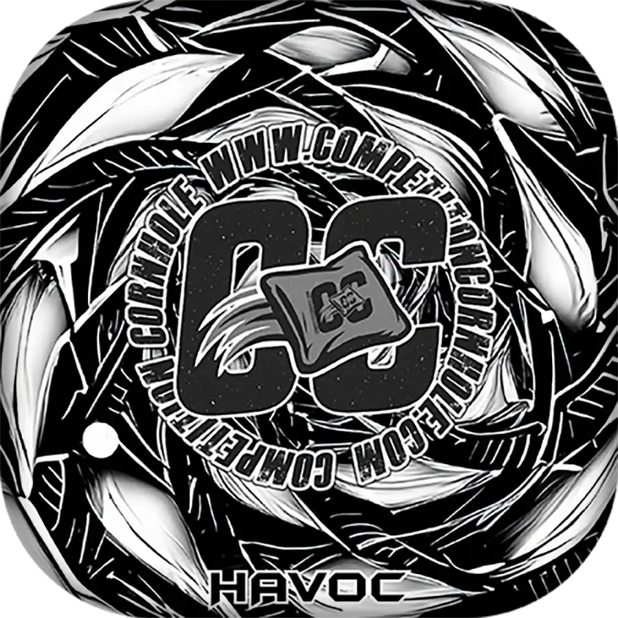 Black and white Cornhole bag with 'CC' branding and 'Havoc' text