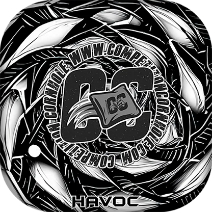 Black and white Cornhole bag with 'CC' branding and 'Havoc' text