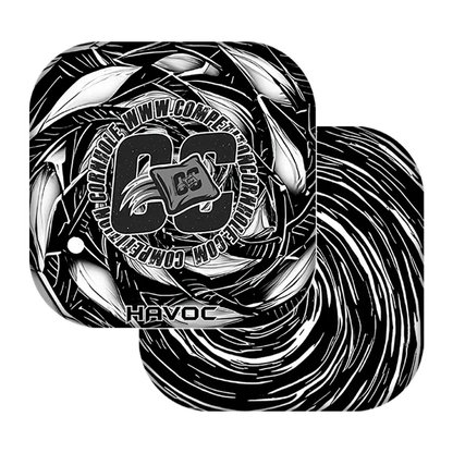 Black and white abstract design with 'DC' logo on a white background