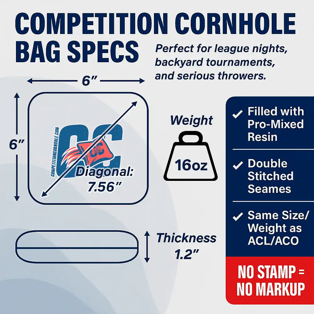 Competition cornhole bag specifications with dimensions, weight, and features listed.