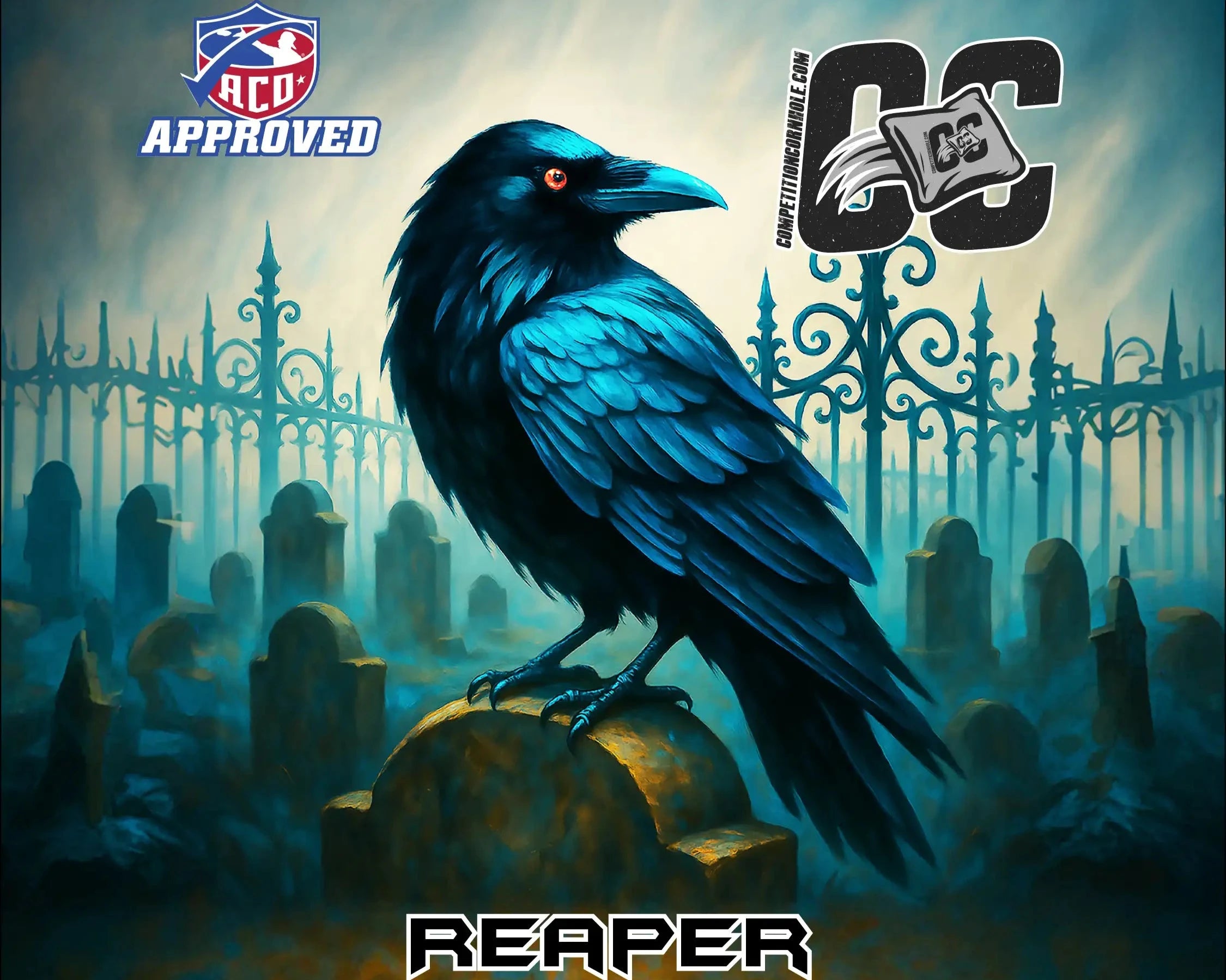 Blue raven on a tombstone with 'ACO Approved' and 'CC' logos in a cemetery setting.