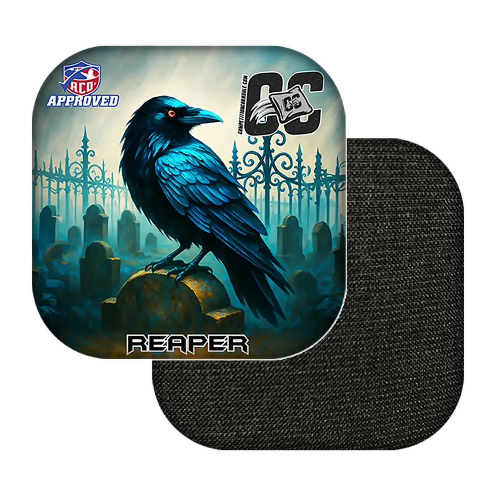 Cornhole bags with a blue raven design on a white background