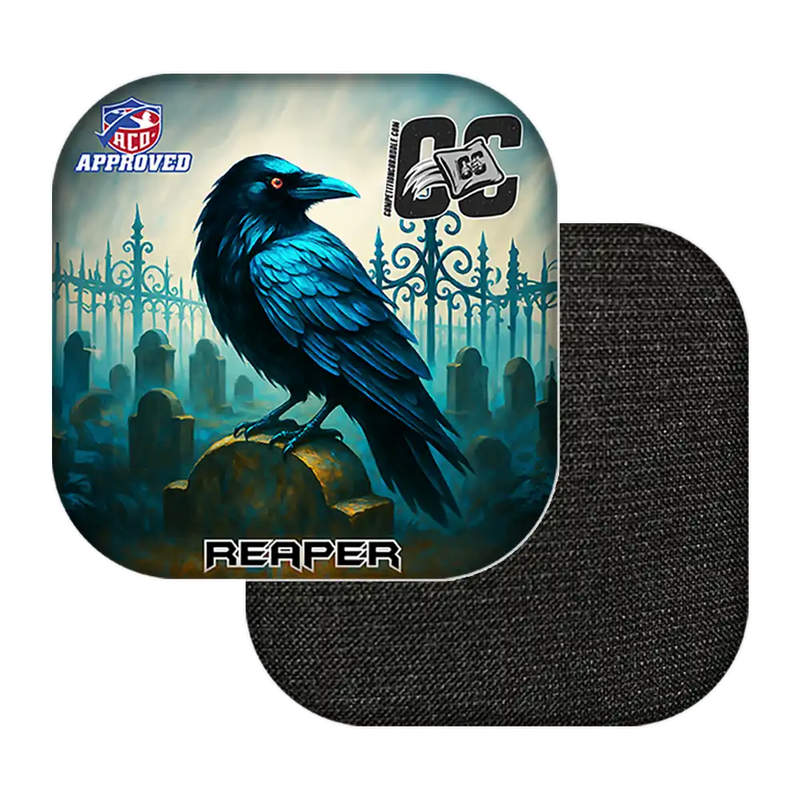 Cornhole bags with a blue raven design on a white background