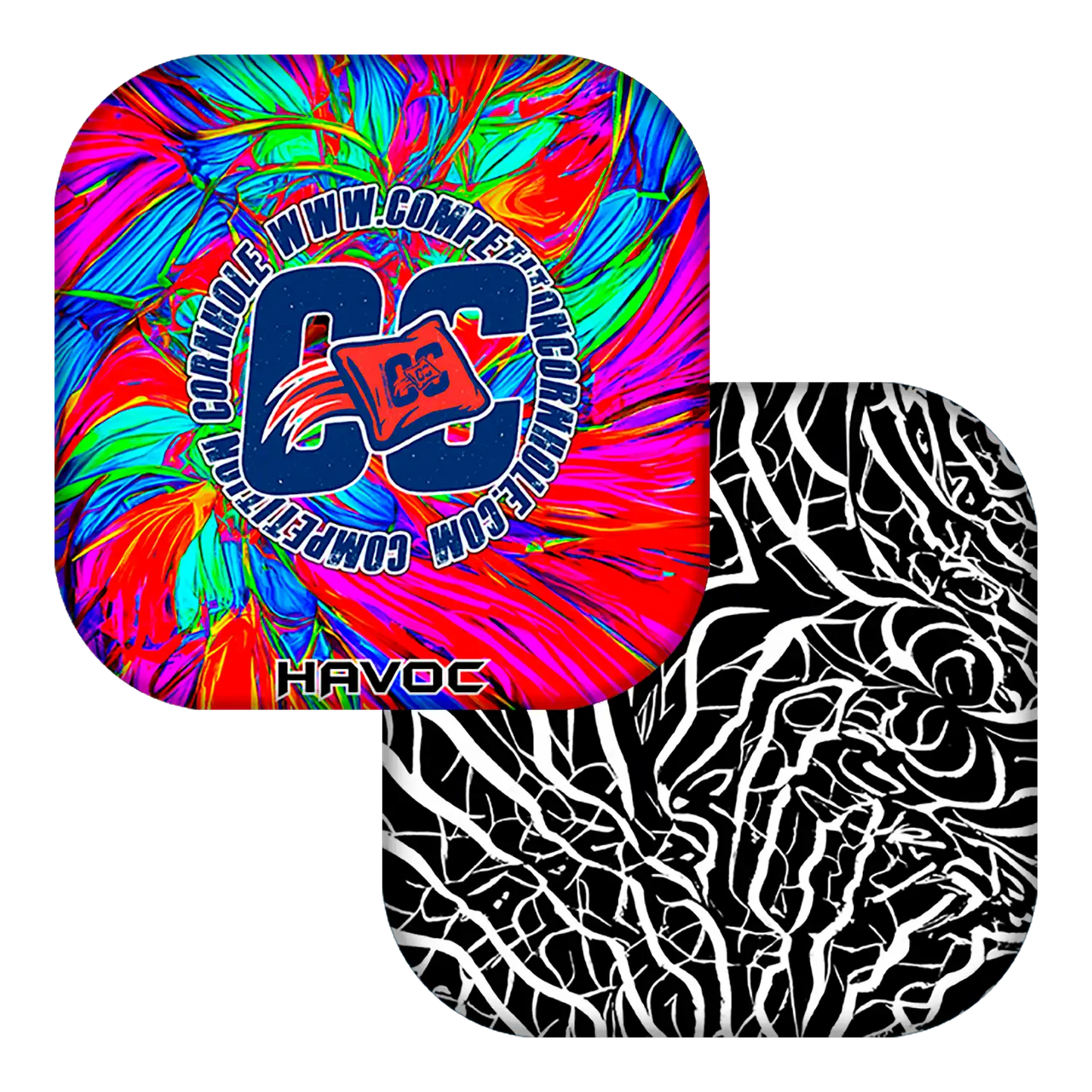Two colorful Cornhole bag with different patterns on a white background