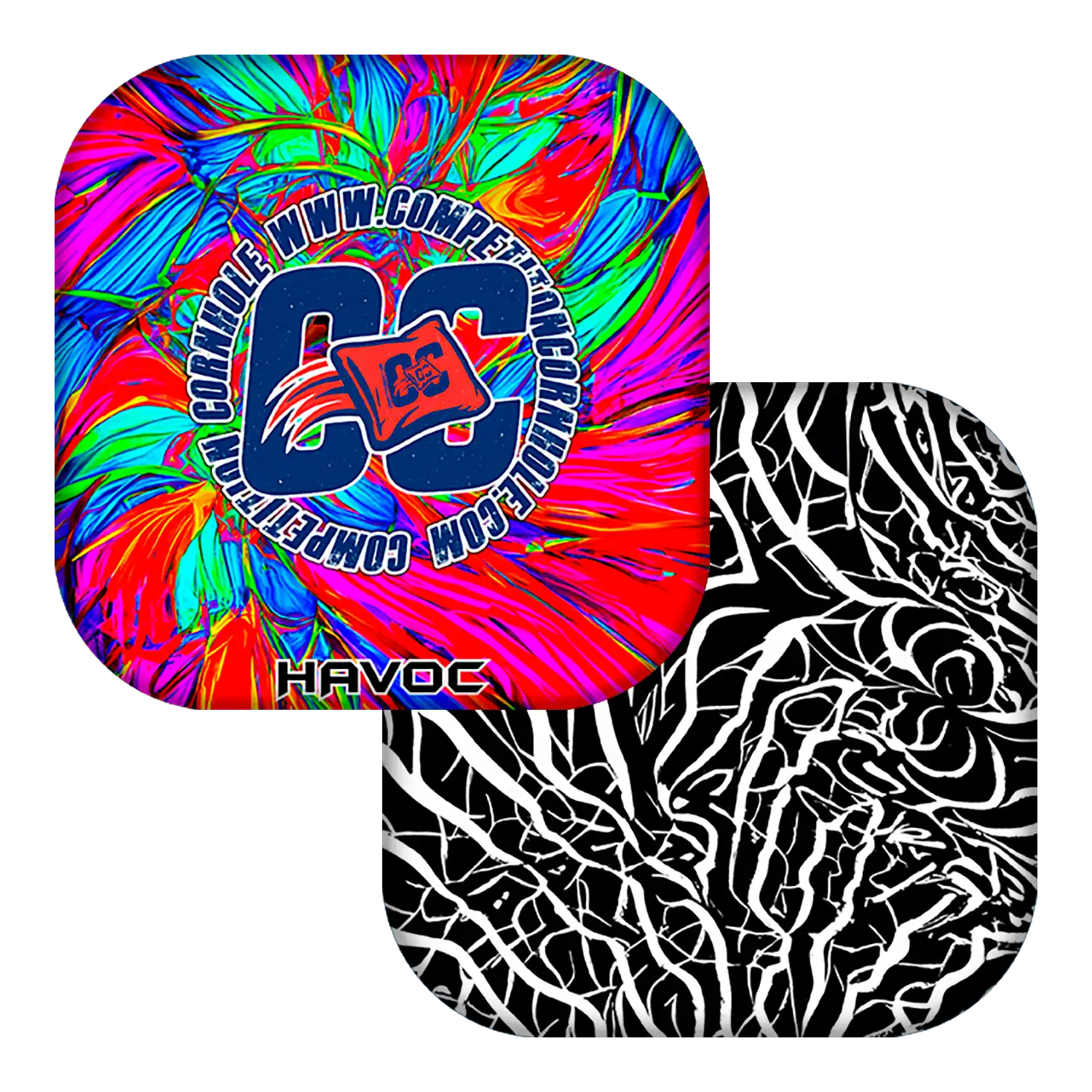 Two colorful Cornhole bag with different patterns on a white background