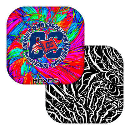 Two colorful Cornhole bag with different patterns on a white background
