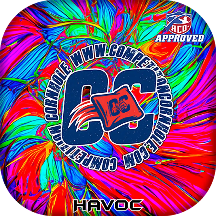 Colorful tie-dye Cornhole bag with 'CC' logo and 'Havoc' text on a circular background