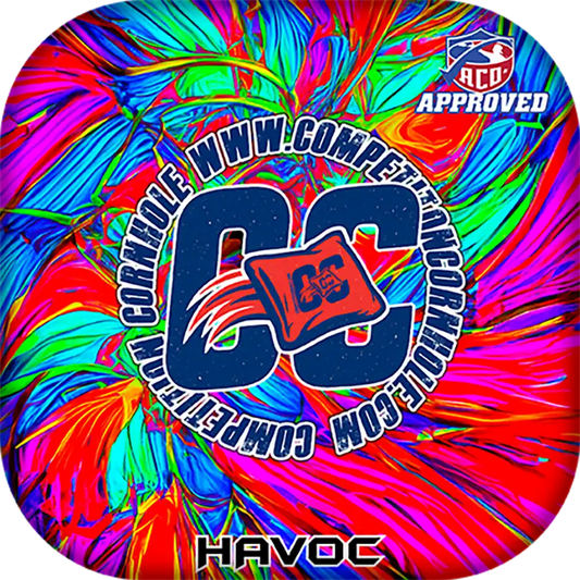 Colorful tie-dye Cornhole bag with 'CC' logo and 'Havoc' text on a circular background