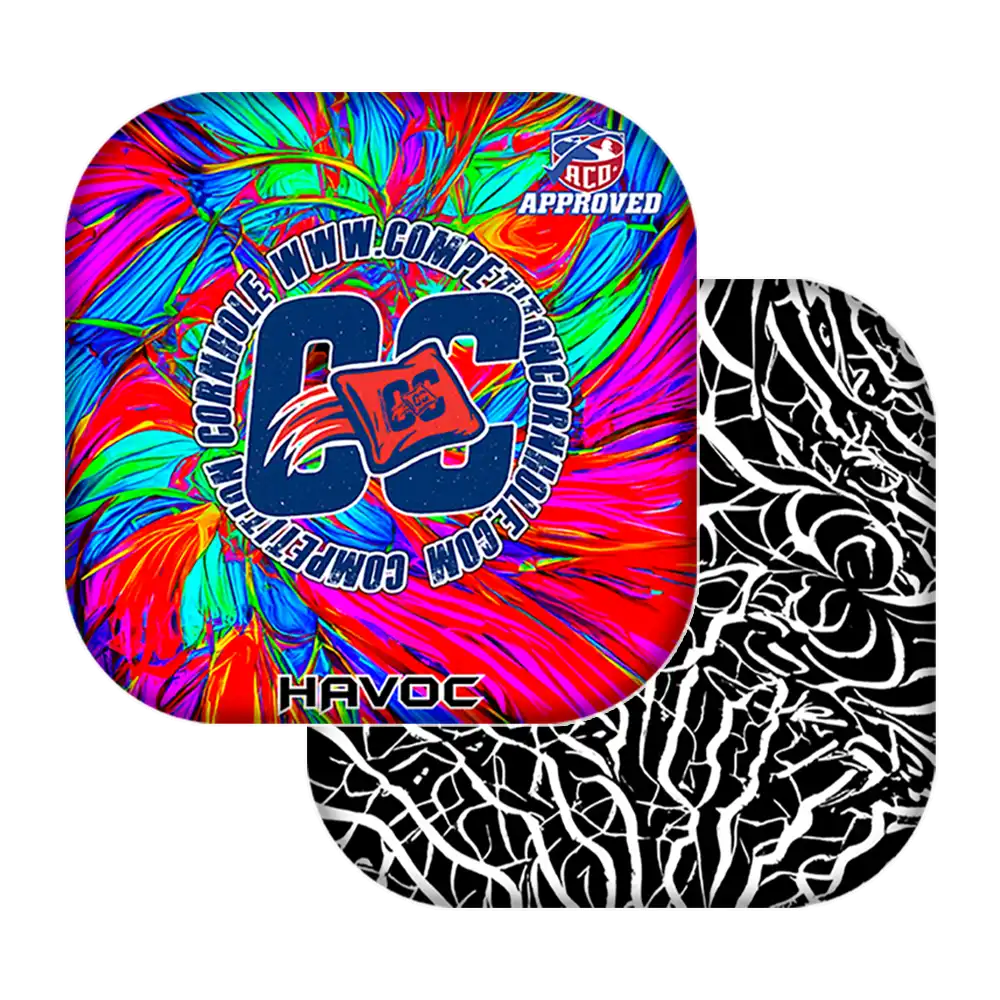 Colorful tie-dye patterned product with 'CC' logo and text on a white background