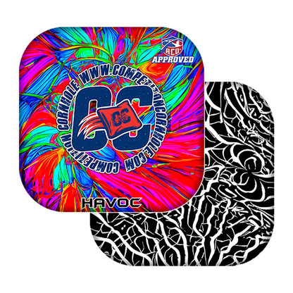 Colorful tie-dye patterned product with 'CC' logo and text on a white background