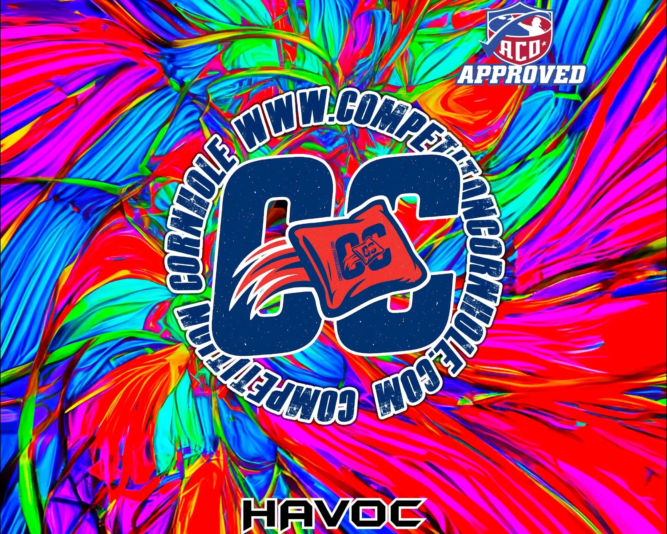 Colorful tie-dye design with 'CC' logo and 'HAVOC' text on a multicolored background.