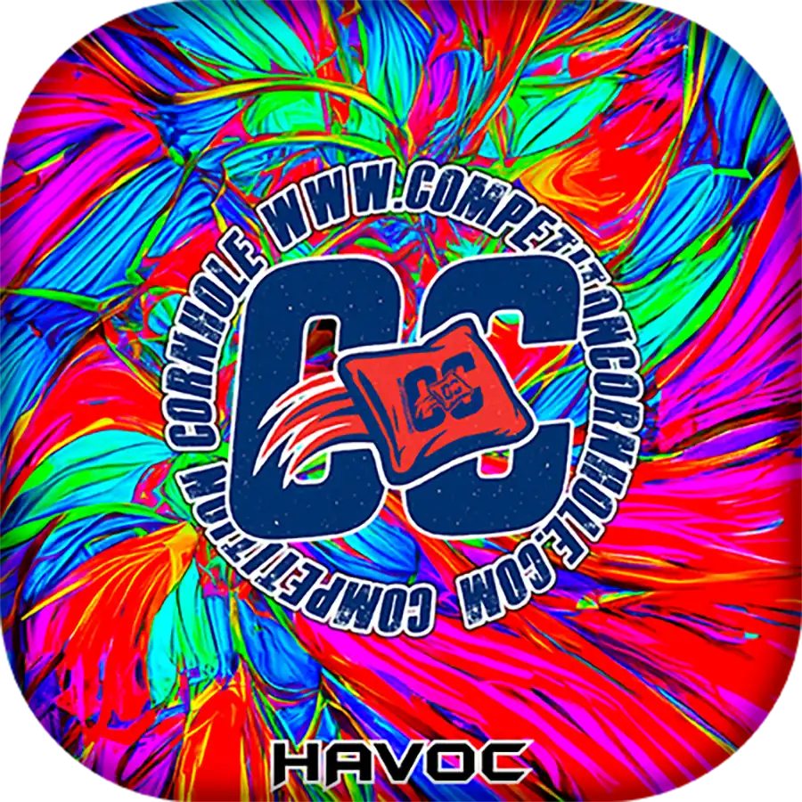 Colorful tie-dye design with a logo and text in the center