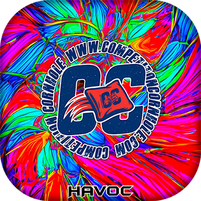 Colorful tie-dye design with a logo and text in the center