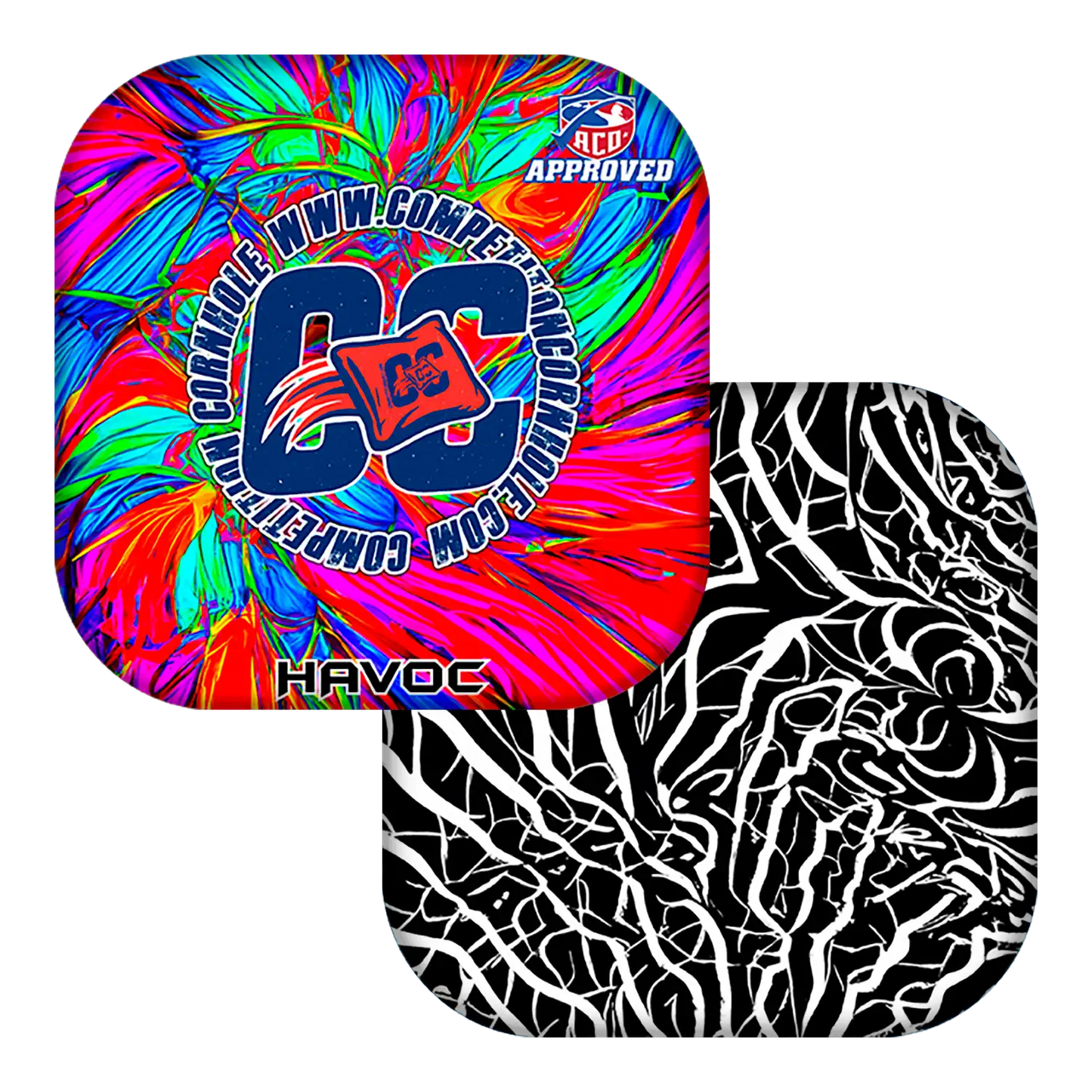 Two colorful Cornhole bags with different patterns on a white background