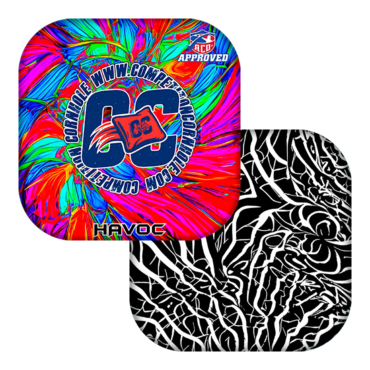 Two colorful Cornhole bags with different patterns on a white background