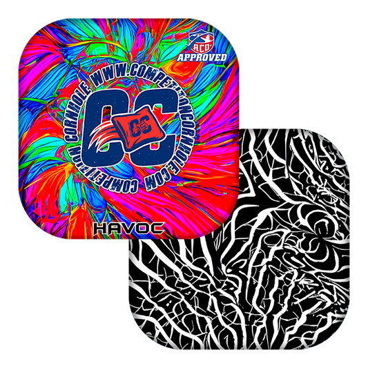 Two colorful Cornhole bags with different patterns on a white background