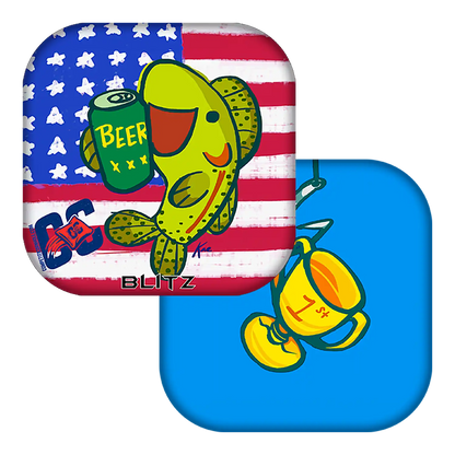Cornhole bag with colorful designs featuring a fish and beer can on an American flag background.