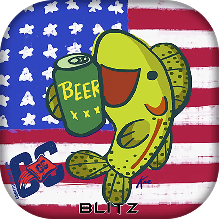 Cartoon fish holding a can of beer on an American flag background with 'BLITZ' branding.