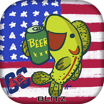 Cartoon fish holding a can of beer on an American flag background with 'BLITZ' branding.