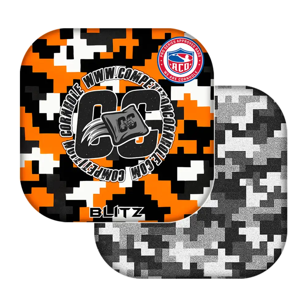 Two camouflage-patterned cornhole bags with visible branding on a white background