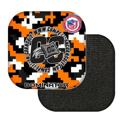 Black, orange, and white camouflage-patterned product with 'Dominator' branding on a white background.