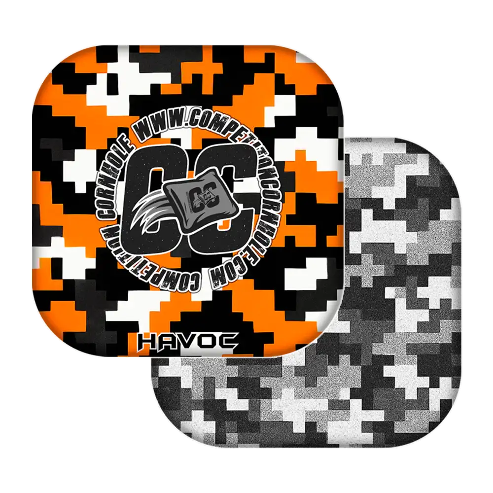 Two camouflage-patterned cornhole bags with a logo and text on a white background