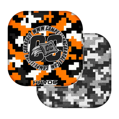 Two camouflage-patterned cornhole bags with a logo and text on a white background