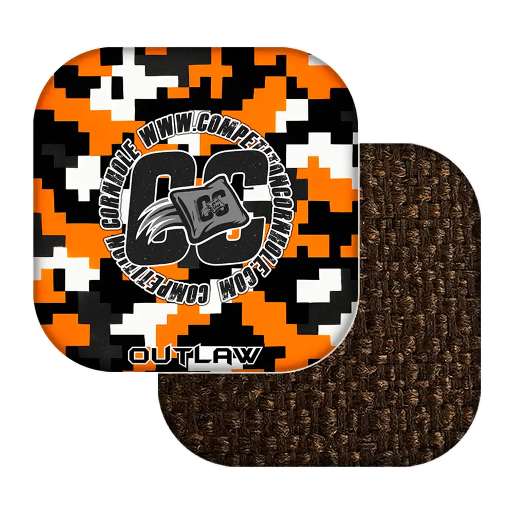 cornhole bags with digital camouflage pattern and 'Outlaw' branding on a white background