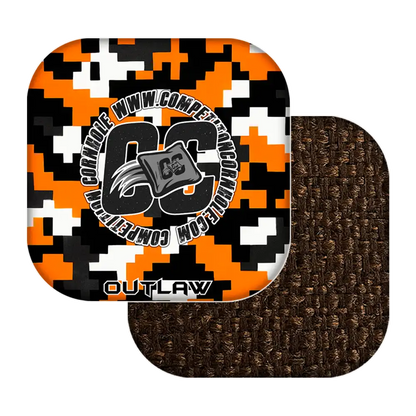 cornhole bags with digital camouflage pattern and 'Outlaw' branding on a white background