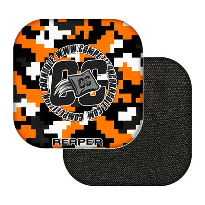 Digital camouflage patterned cornhole bags with 'GC' logo and text on a white background