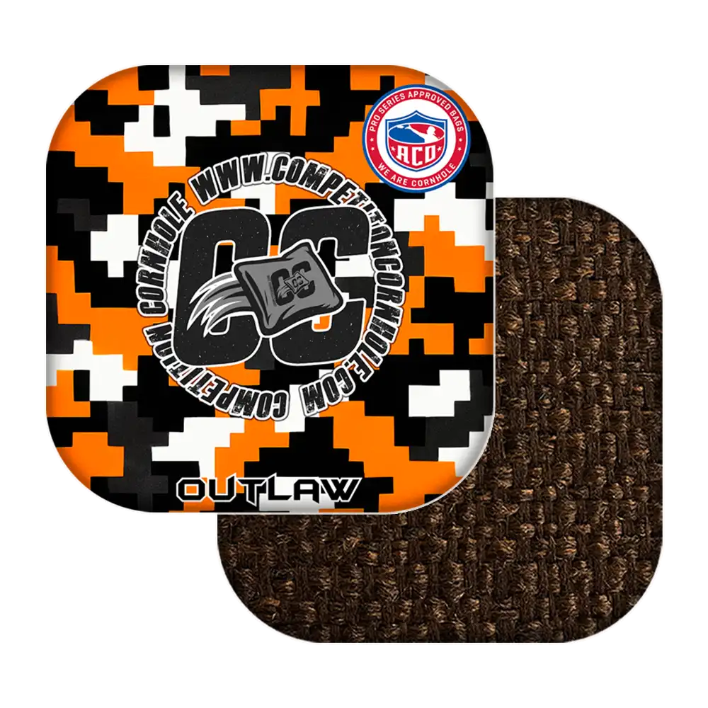 cornhole bags with camouflage design and 'Outlaw' branding on a white background