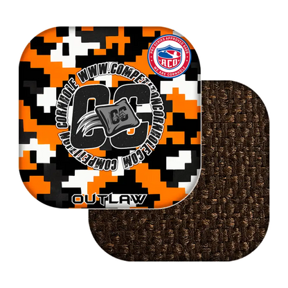 cornhole bags with camouflage design and 'Outlaw' branding on a white background