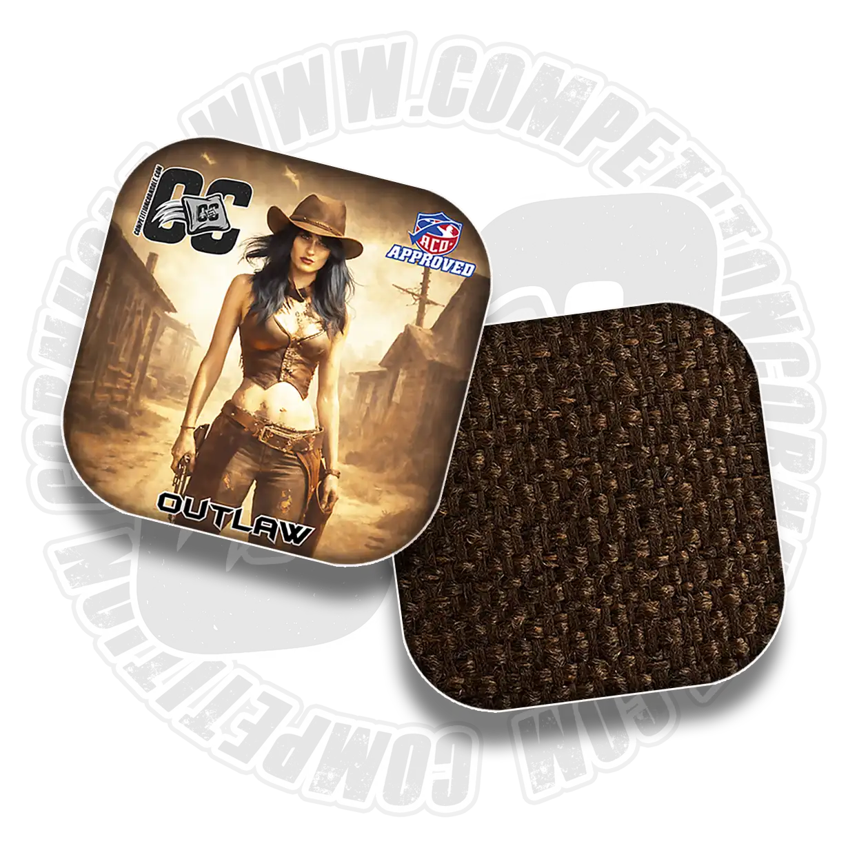 cornhole bag with a 'Outlaw' design featuring a woman in a cowboy outfit, on a white background.