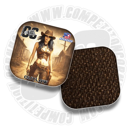 cornhole bag with a 'Outlaw' design featuring a woman in a cowboy outfit, on a white background.