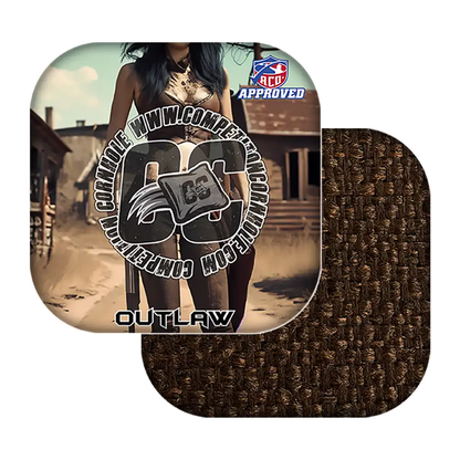 Cornhole bags with 'Outlaw' branding and textured brown surface