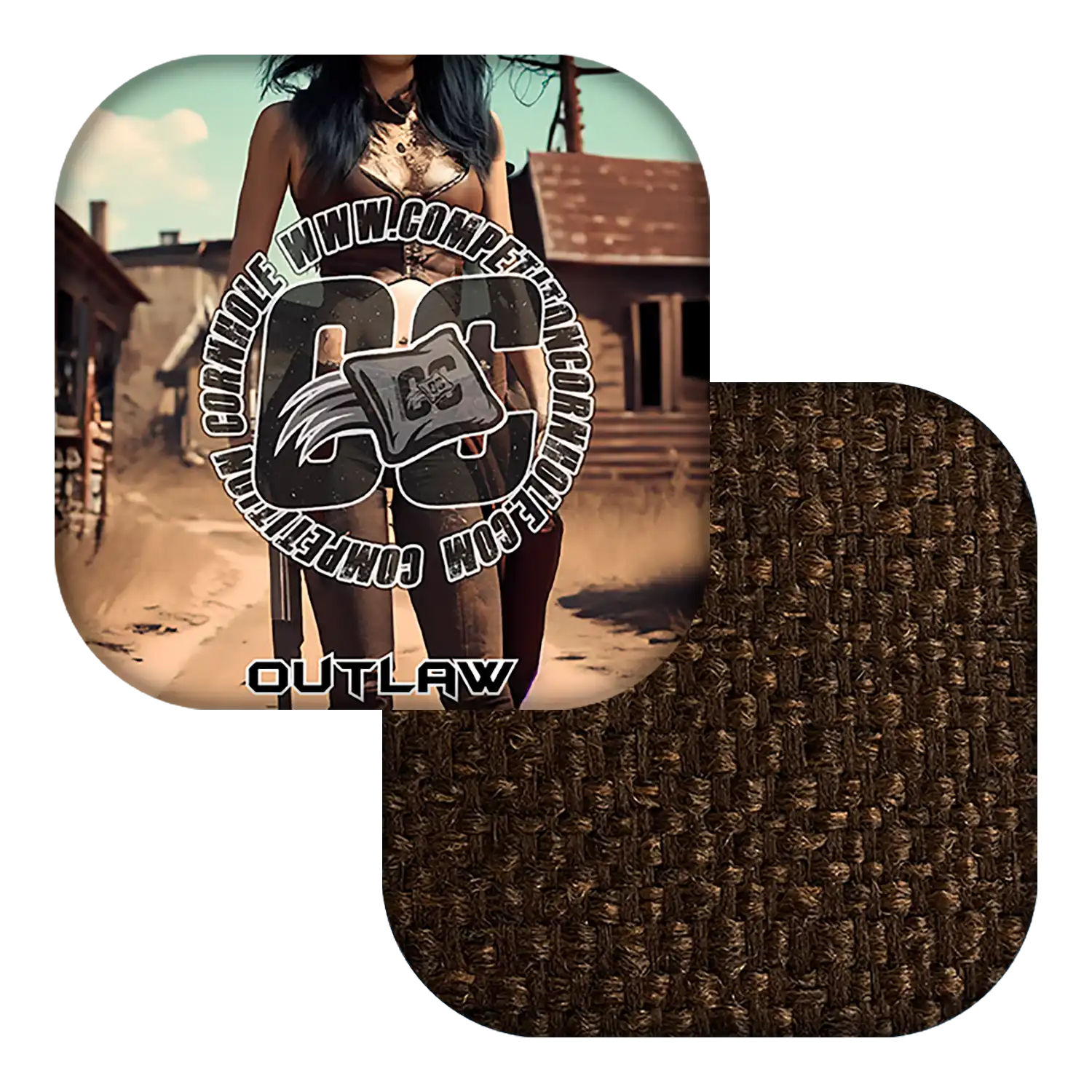 Cornhole bag with a textured brown surface and a scenic background of a woman in a desert setting.