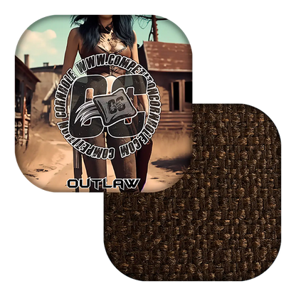 Cornhole bag with a textured brown surface and a scenic background of a woman in a desert setting.