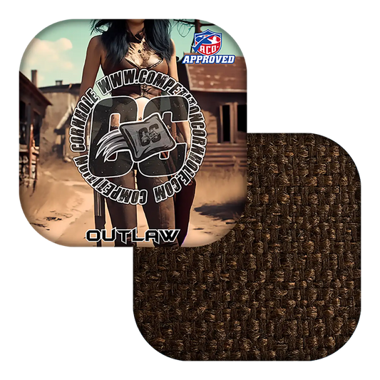 Cornhole bag with a textured brown surface and a background featuring a person in a desert setting.