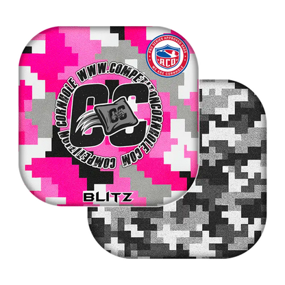 Pink and gray digital camouflage cornhole bags with 'CC' branding on a white background