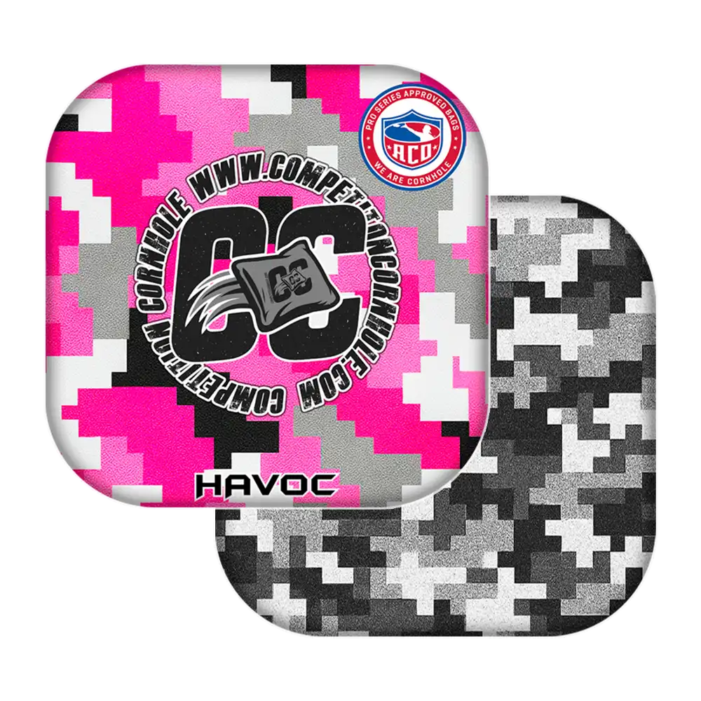 Two cornhole bagswith digital camouflage patterns and logos on a white background