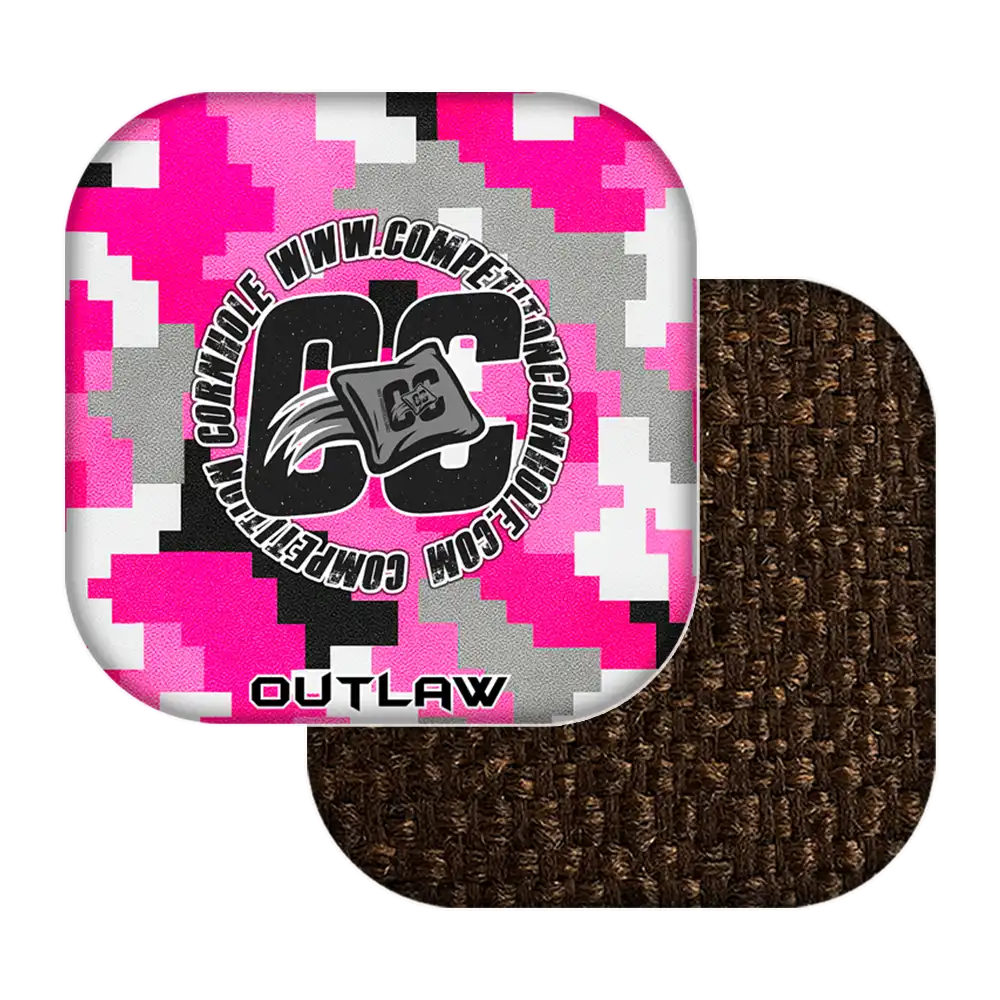 Pink and white camouflage cornhole bags with 'CC' logo and text on a white background