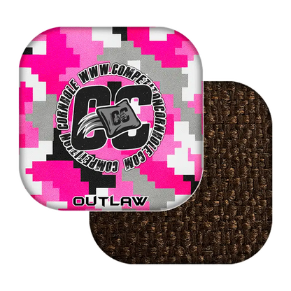 Pink and white camouflage cornhole bags with 'CC' logo and text on a white background