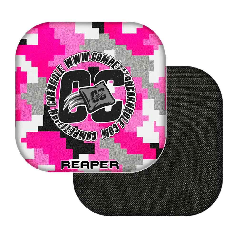 Pink and gray digital camouflage cornhole bags with 'CC' logo and text on a white background