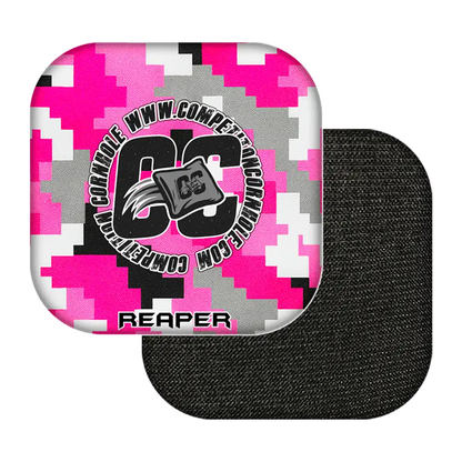 Pink and gray digital camouflage cornhole bags with 'CC' logo and text on a white background