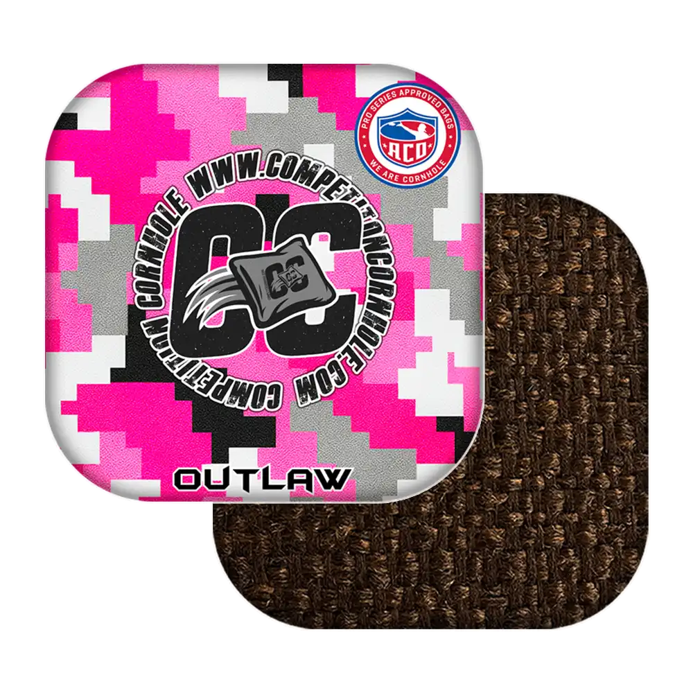 Pink and white camouflage cornhole bags with 'CC Outlaw' branding on a white background