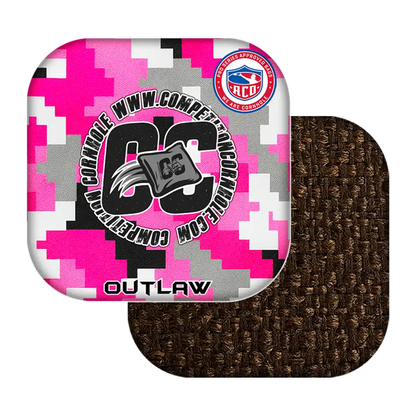 Pink and white camouflage cornhole bags with 'CC Outlaw' branding on a white background
