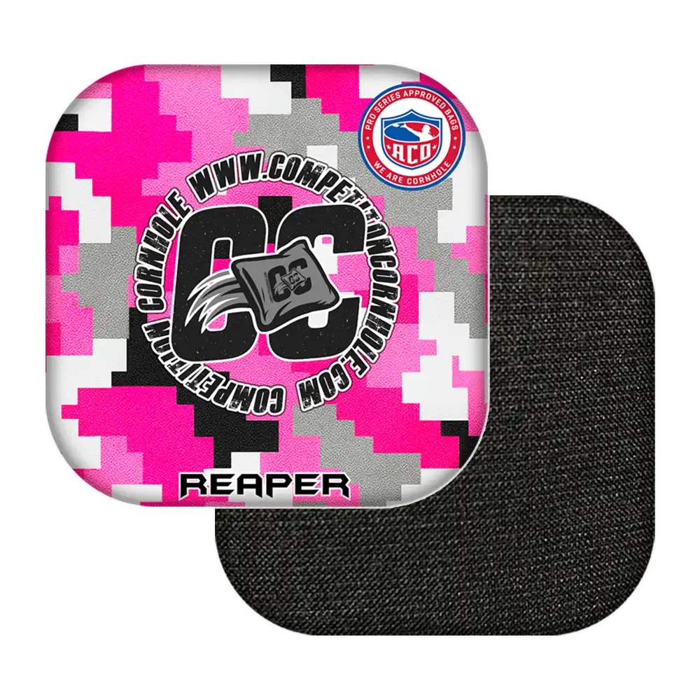 Pink and gray digital camouflage cornhole bag with 'CC' logo on a white background